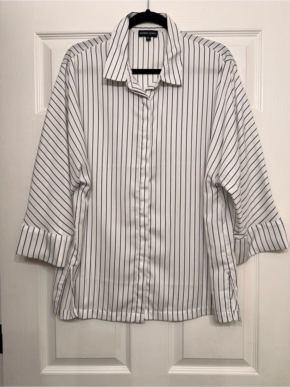 Modern Works White Black Pinstripe Button Down Blouse XL